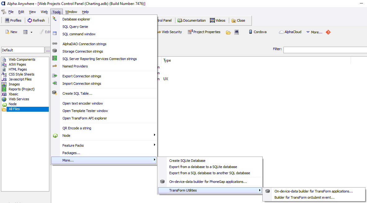 TransForm Utilities sub-menu found under the Tools menu